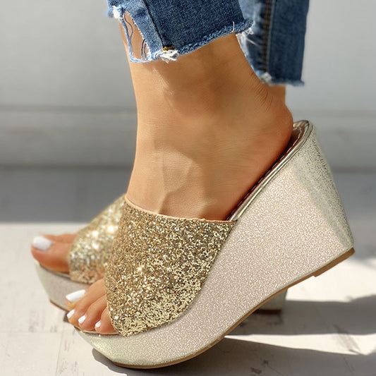 Women Bling High Heel Pumps Ladies Mules Wedding Shoes Wedges Slides Party Sandals Platform Slipper Peep Toe Zapatos De Mujer