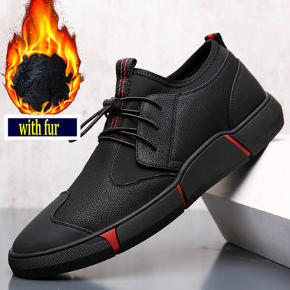 Brand High quality all Black Men&#39;s leather casual shoes Fashion Sneakers winter keep warm with fur flats big  size 45 46 LG-11