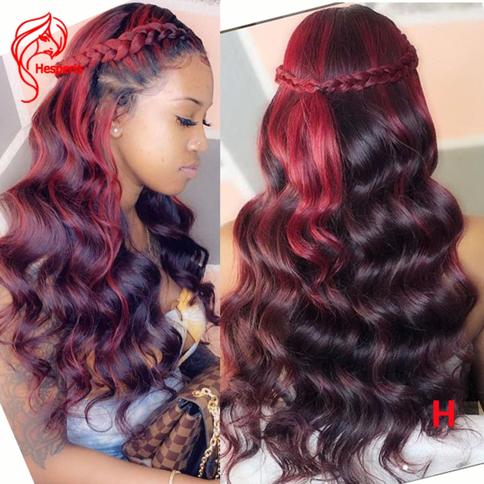 Hesperisr 13X4 Red Highlight Burgundy 99J Lace Front Human Hair Wigs Pre Plucked Brazilian Remy Hair Lace Front Wigs Ombre Wave