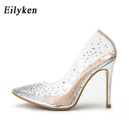 Eilyken Fashion Rhinestones PVC Transparent Pumps Stilettos High Heels Point Toes Womens Party Golden Wedding High heels shoes