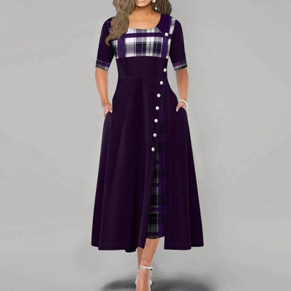 Women Maxi Dress Casual Irregular Plaid Print Button Half Sleeve Round Neck Plus Size Elegant Party Dress Female Long Vestidos