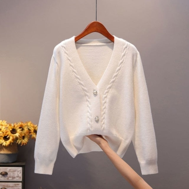 Sweater Cardigan Women Autumn Winter New V Neck Pearl Single Breasted Loose Short Thicken Sweater Sweet Long Sleeve Knitting Top