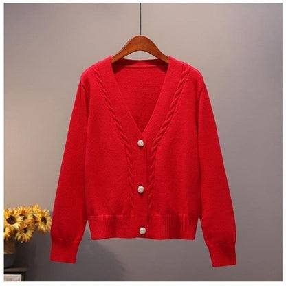 Sweater Cardigan Women Autumn Winter New V Neck Pearl Single Breasted Loose Short Thicken Sweater Sweet Long Sleeve Knitting Top