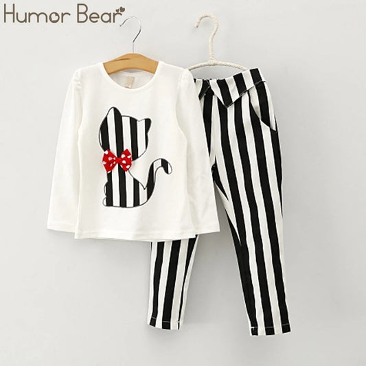 Humor Bear Autumn Baby Girl Clothes Cat Cartoon Long-Sleeve T-Shirt + Stripe Pants Suit Girls Clothing Set Children Clothing