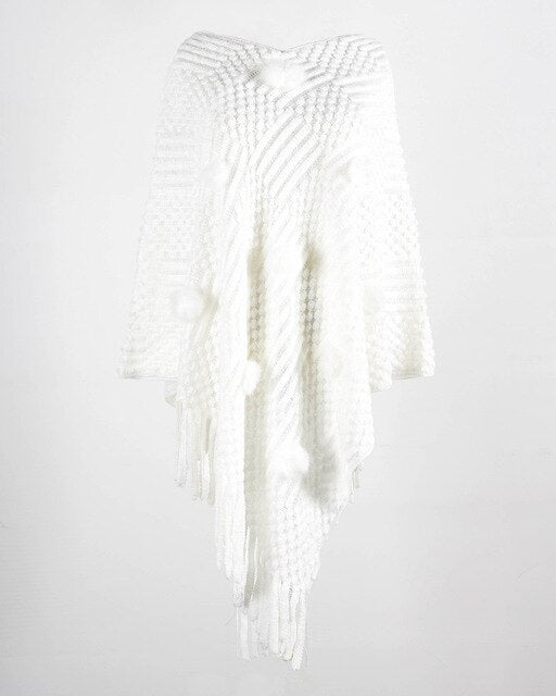 Ladies Pullover Spring Hairball White Knitted Women Sweater Shawls Knitted Fashion Cape Poncho Outerwear Solid Knitting Shawl