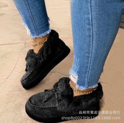 Winter Women Fur Shoes Fashion Bowknot Fluffy Slip-on Snow Boots Autumn Casual Warm Suede Plush Ladies Flat Platform Shoes