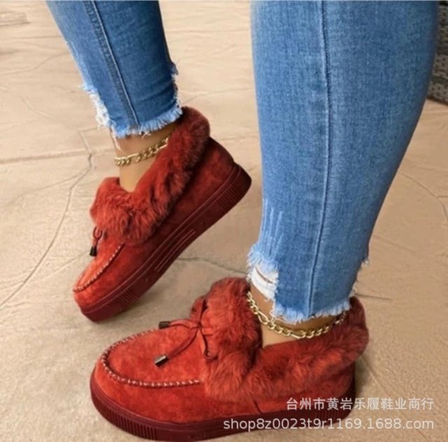 Winter Women Fur Shoes Fashion Bowknot Fluffy Slip-on Snow Boots Autumn Casual Warm Suede Plush Ladies Flat Platform Shoes