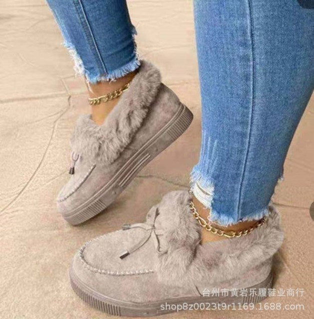 Winter Women Fur Shoes Fashion Bowknot Fluffy Slip-on Snow Boots Autumn Casual Warm Suede Plush Ladies Flat Platform Shoes