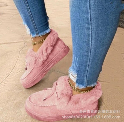 Winter Women Fur Shoes Fashion Bowknot Fluffy Slip-on Snow Boots Autumn Casual Warm Suede Plush Ladies Flat Platform Shoes