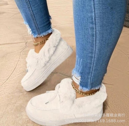 Winter Women Fur Shoes Fashion Bowknot Fluffy Slip-on Snow Boots Autumn Casual Warm Suede Plush Ladies Flat Platform Shoes