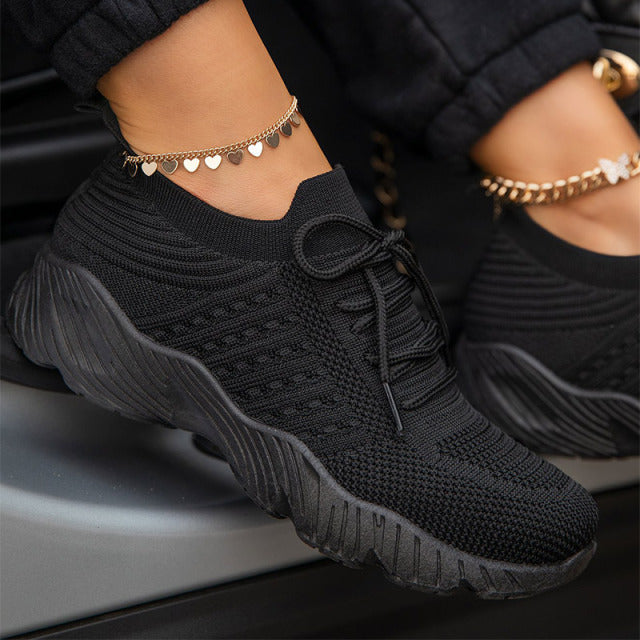 Women&#39;s Sneakers Breathable Knitted Casual Women Socks Shoes Lace up Ladies Flats Female Spring Vulcanized Running Shoes