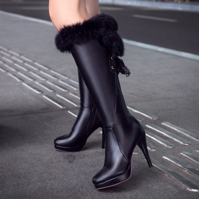 2021 Fashion Knee High Boots Women&#39;s Winter Boots Thick High Heel Long Boots Round Slip On Spring Autumn Shoes Woman Black White