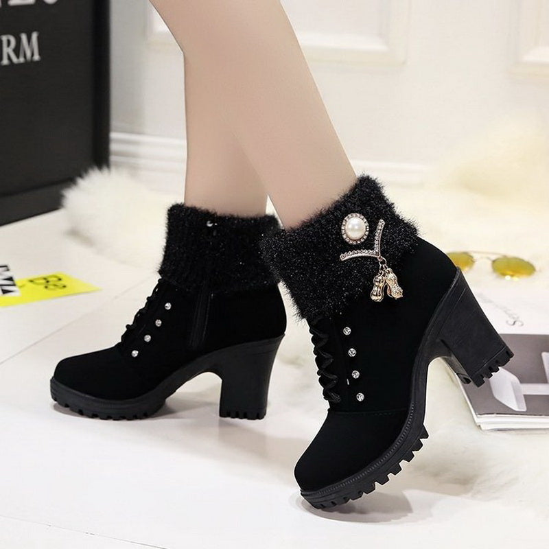 High Heel Winter Shoes Women Winter Boots Fashion Women&#39;s High Heel Boots Plush Warm Fur Shoes Ladies Brand Ankle Boots crystal