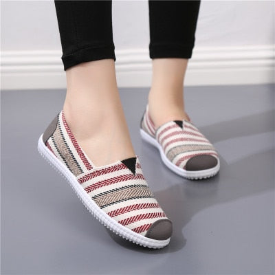 Cresfimix zapatos de mujer women fashion striped cloth shoes lady casual spring summer canvas slip on flat shoes female loafers