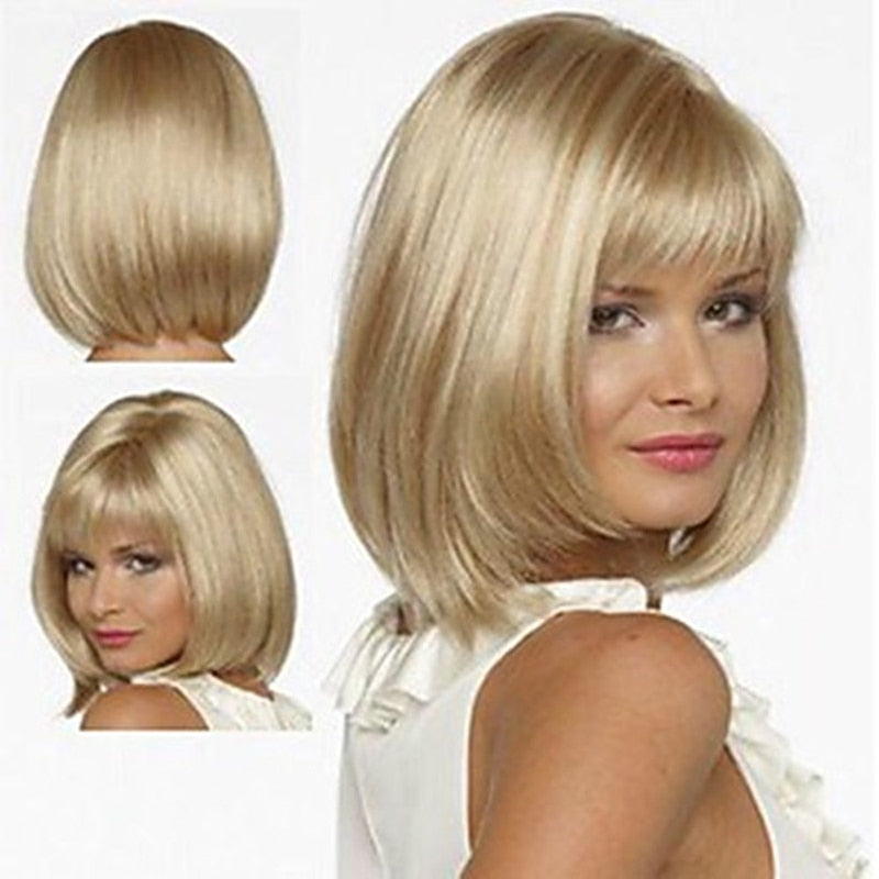 HAIRJOY White Women Synthetic Full Wigs Short Straight Bob Hairstyle Blonde HighLights Hair Wig Heat Resistant Free Shipping