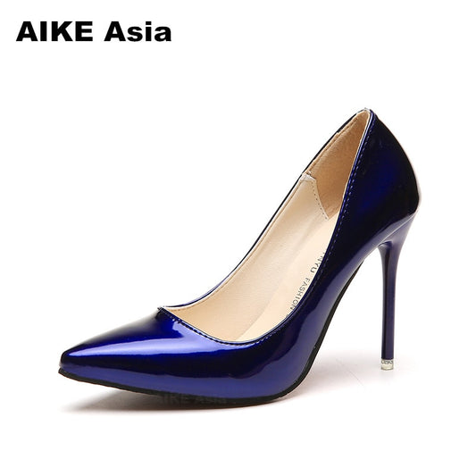 Hot Women Shoes Pointed Toe Pumps Patent Leather Dresshigh Heels Boat Wedding Zapatos Mujer Red wedding Blue Red Black Apricot