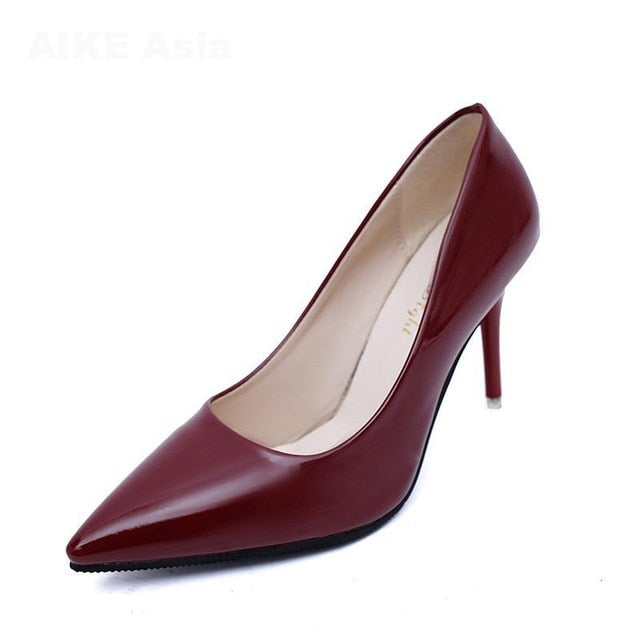 Hot Women Shoes Pointed Toe Pumps Patent Leather Dresshigh Heels Boat Wedding Zapatos Mujer Red wedding Blue Red Black Apricot