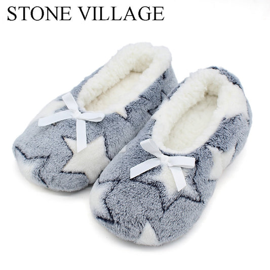 Winter Women Star Flock Soft Plush Slipper Winter Shoes Woman Butterfly-Knot Indoor Floor Shoes Women Slipper Shoes Pink Navy