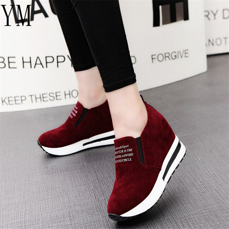 2018 flock new high heel lady casual black/red women sneakers leisure platform shoes breathable height increasing shoes