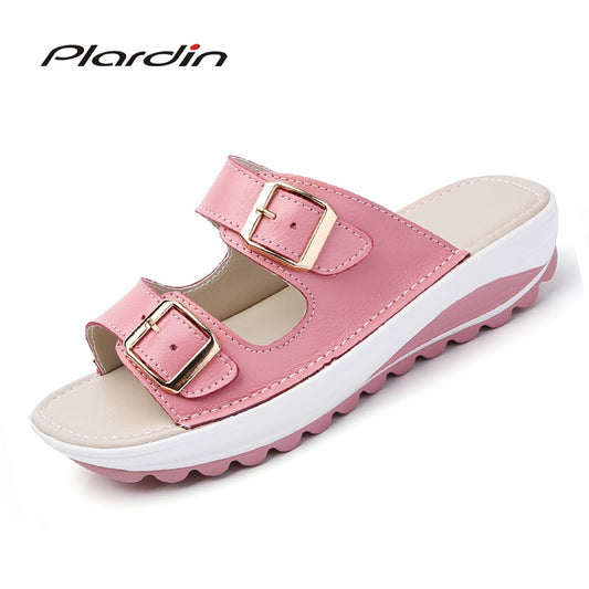 Plardin Women Buckle Sandals New Thick Leather Shoes Woman Platform  Summer Women Bright Open Toe Beach Sandals Ladies Shoes