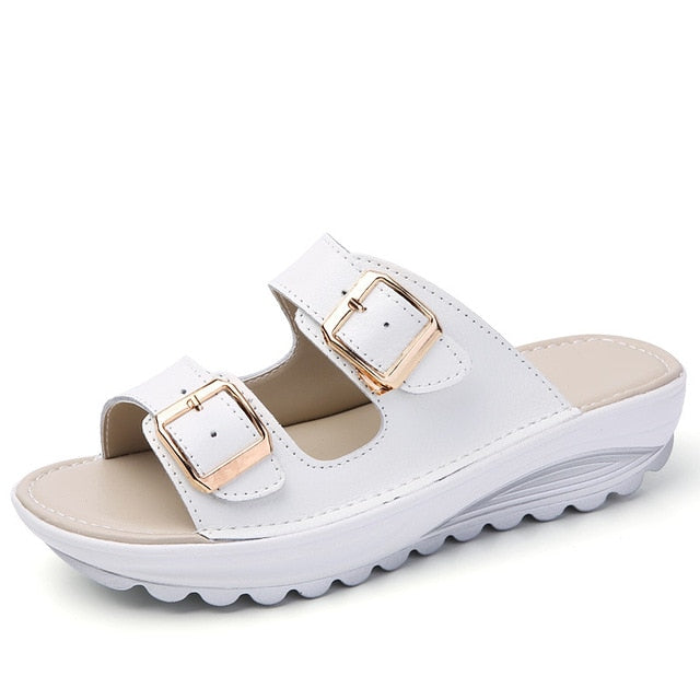 Plardin Women Buckle Sandals New Thick Leather Shoes Woman Platform  Summer Women Bright Open Toe Beach Sandals Ladies Shoes