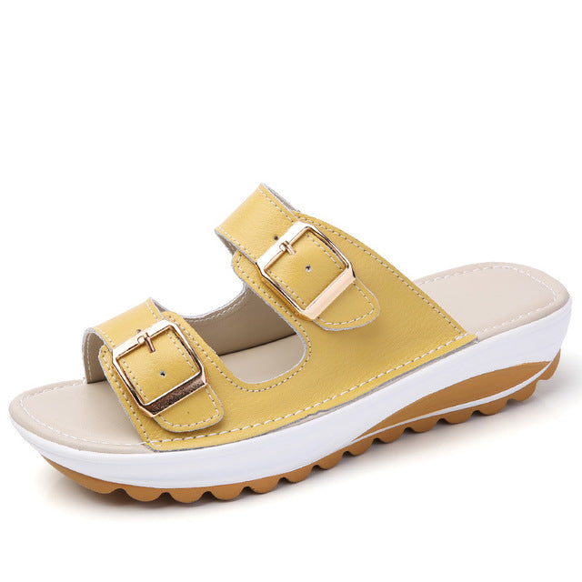 Plardin Women Buckle Sandals New Thick Leather Shoes Woman Platform  Summer Women Bright Open Toe Beach Sandals Ladies Shoes