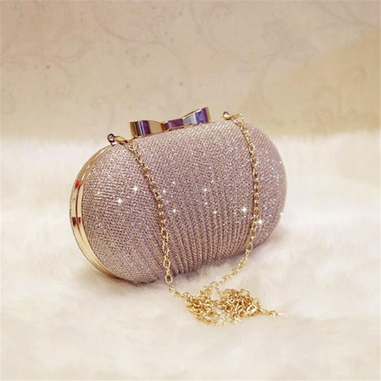 Golden Evening Clutch Bag Women Wedding Shiny Handbags Bridal Metal Bow Clutches Bag Chain Shoulder Bag