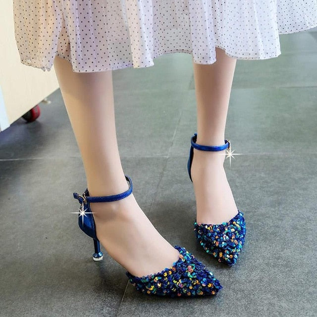 2019 Women Pumps High Thin Heel Bling Bridal Wedding Shoes Classic Pointed Toe Sexy Ladies Party Shoes Pumps